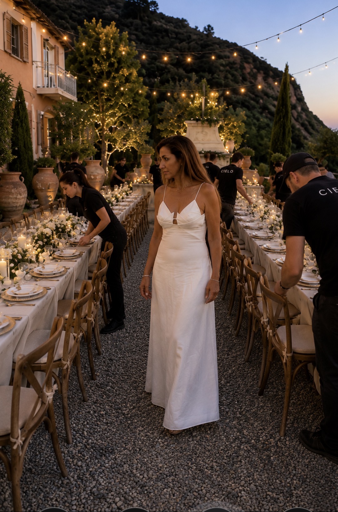 Outdoor twilight banquet tables with candles, florals, and CieLA staff preparing the aisle