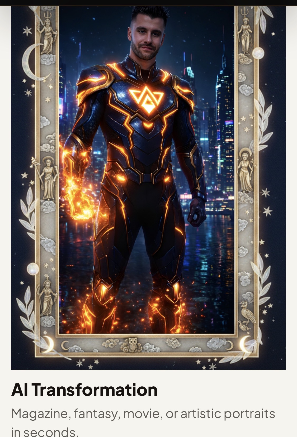 AI Transformation photo booth sample of a guest rendered as a fantasy superhero portrait