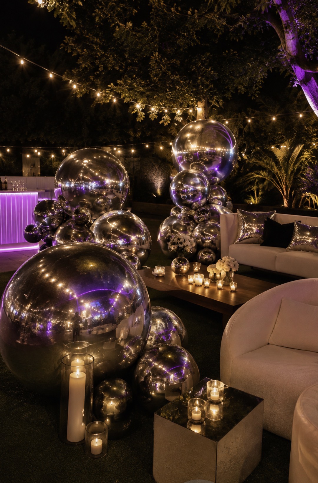 Nighttime outdoor lounge with chrome spheres, white seating, string lights, and purple accent lighting