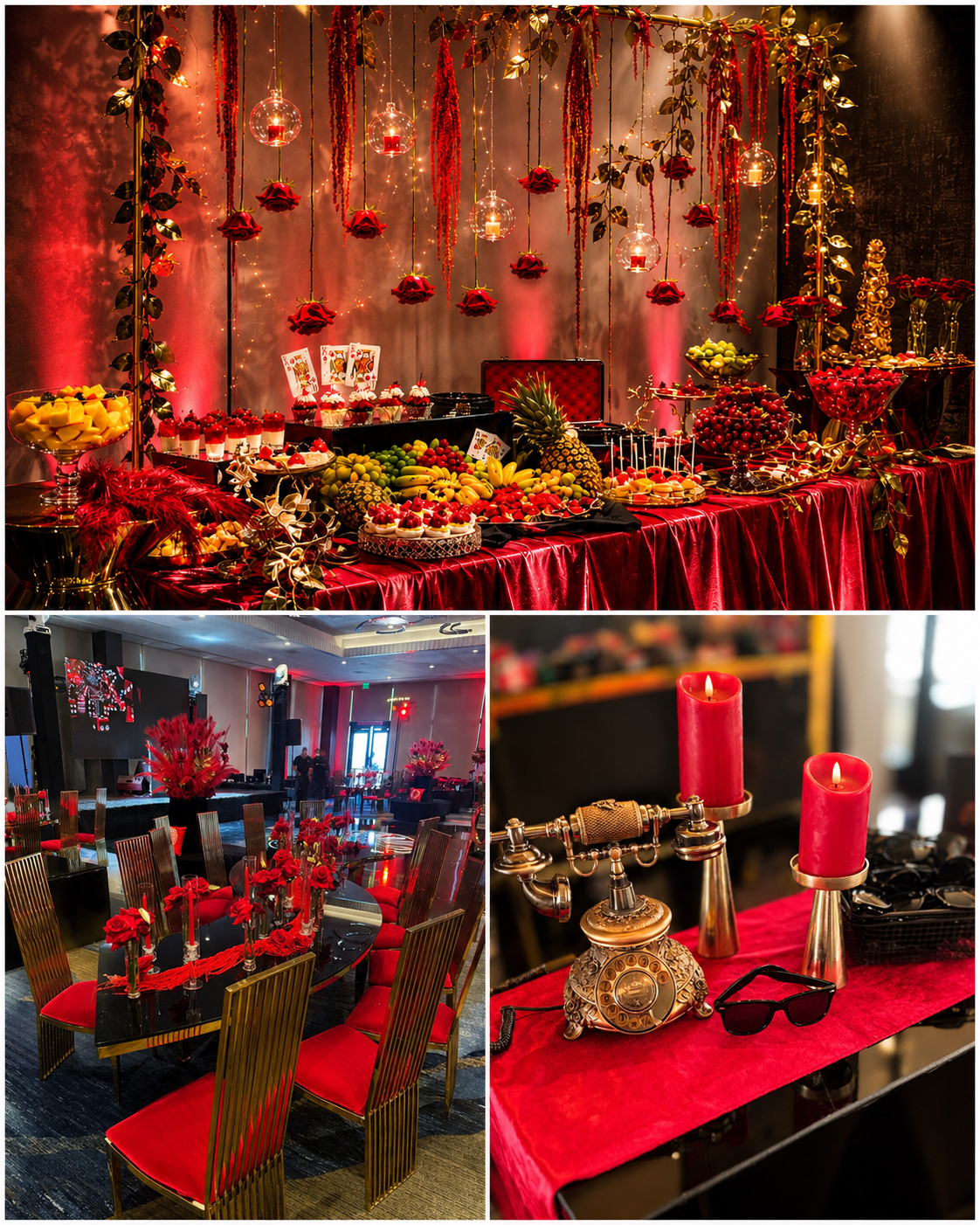 Red and gold gala collage with a dessert buffet, banquet tables, and vintage décor details