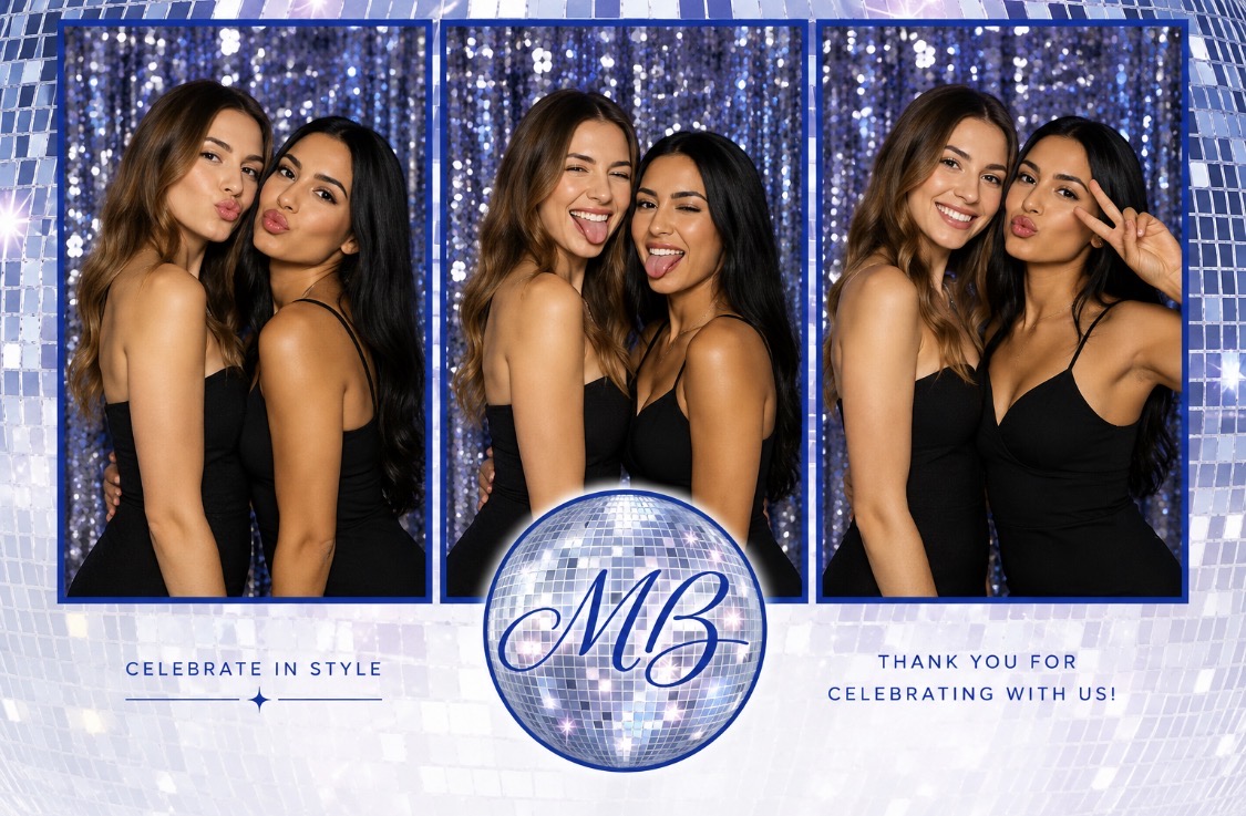 Disco-themed photo booth strip of two guests with a Celebrate in Style overlay