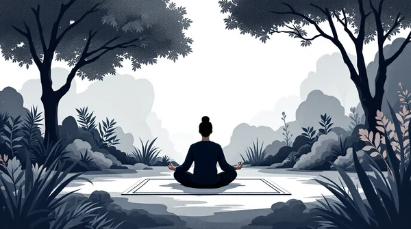 Illustration of a person meditating in a quiet forest clearing