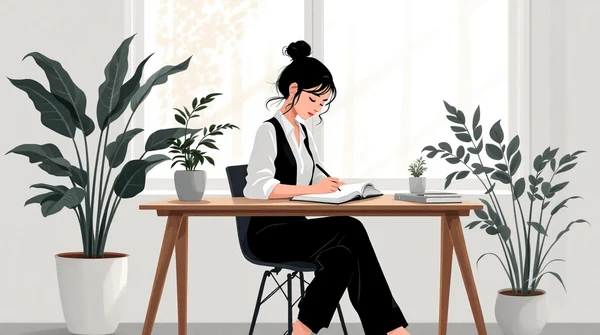 Illustration of a woman journaling at a desk surrounded by plants