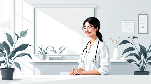Illustration of a smiling nurse with a stethoscope in a calm clinic setting