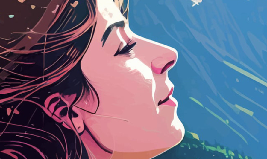 Illustrated profile of a woman with eyes closed against a blue sky