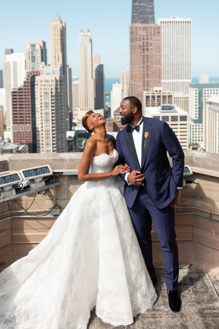 Chris Canty and Melanie Richards on a Chicago rooftop, planned by Michigan Avenue Events