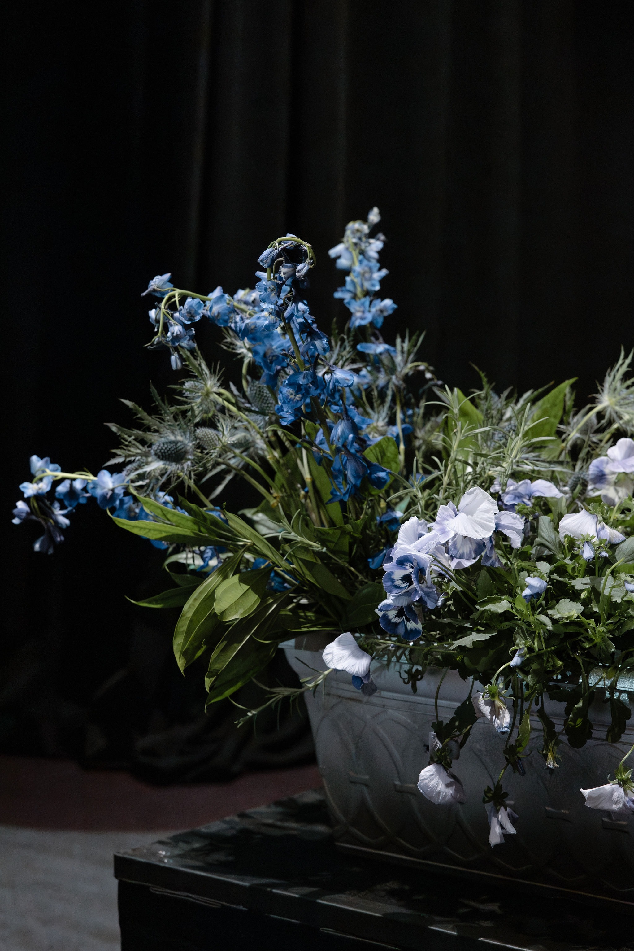 Blue delphinium, thistle and pansy arrangement in a stone urn against a dark drape