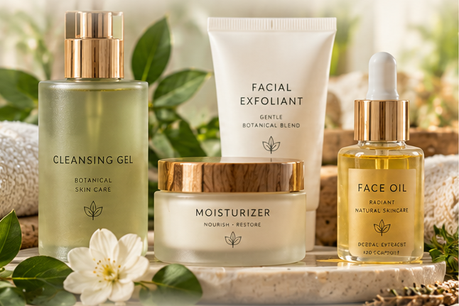 Botanical skin care set: cleansing gel, moisturizer, exfoliant, and face oil