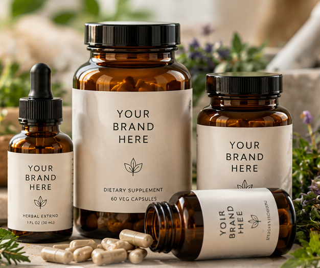 Amber supplement bottles with blank 'Your Brand Here' labels