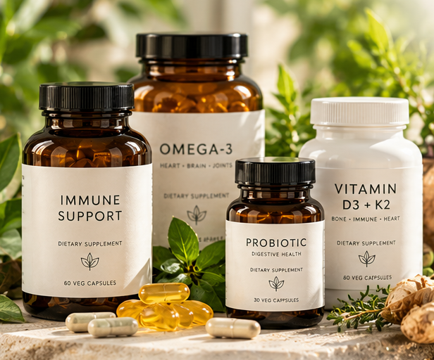 Amber and white supplement bottles with capsules and fresh herbs