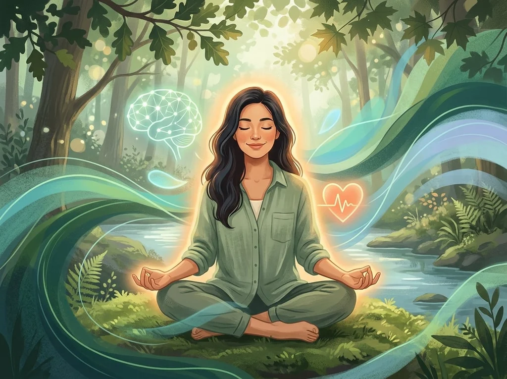 Illustration of a person meditating in a forest with mind and heart symbols