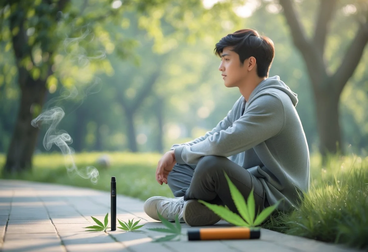 Person sitting outdoors near cannabis leaves, reflecting on their relationship with cannabis