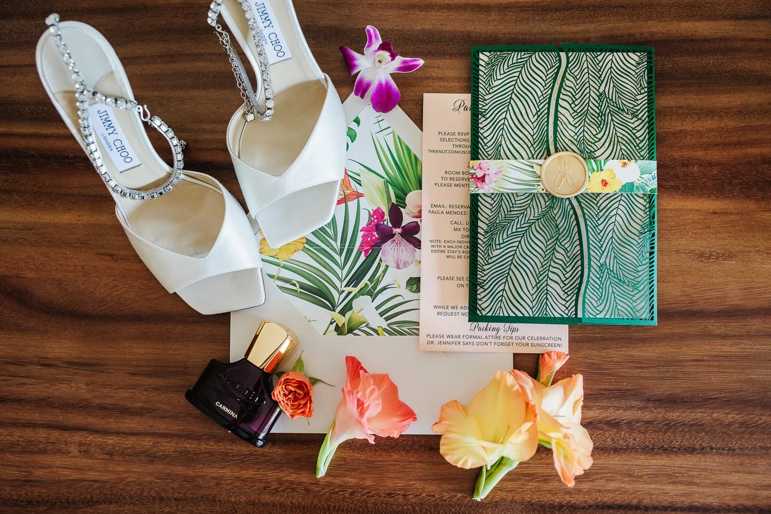 Tropical invitation suite and Jimmy Choo shoes for Jean and Jennifer