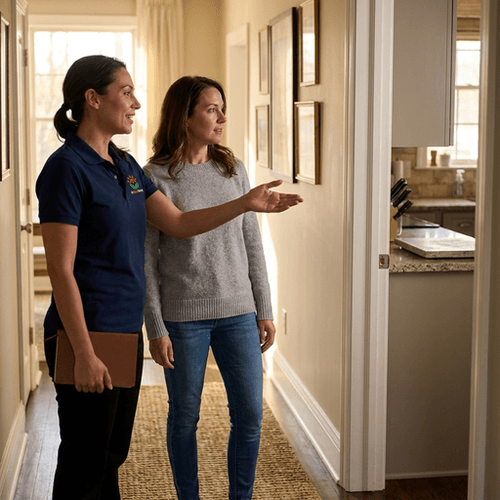 An All Bright technician walking a homeowner through the house
