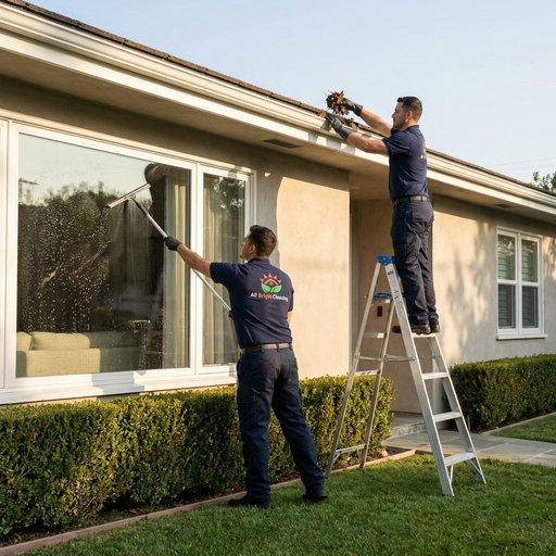 All Bright technicians cleaning windows and clearing gutters at a South Bay home