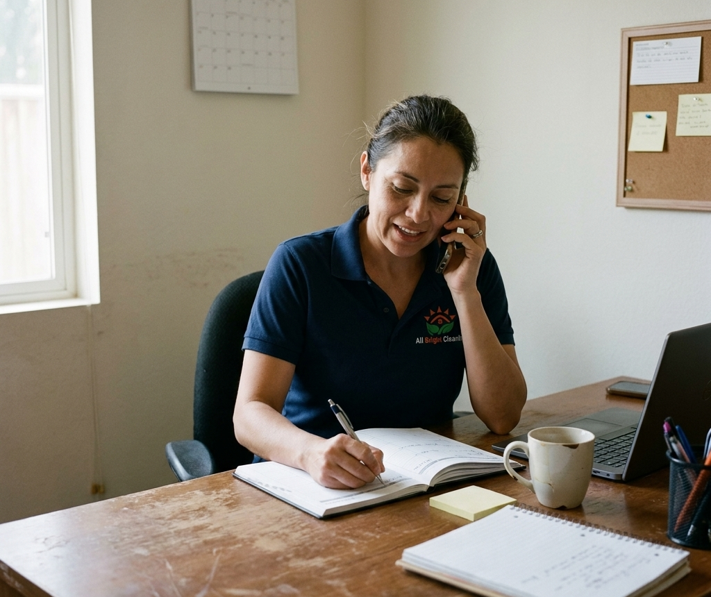 An All Bright coordinator taking notes while speaking with a homeowner by phone