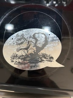 A glass plaque engraved with a squirrel inside a speech-bubble outline