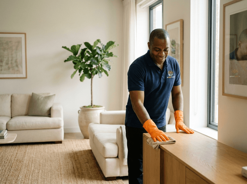 Cleaner dusting a wall-mounted television in a living room