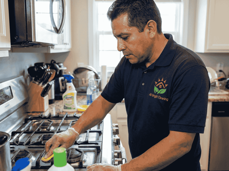 All Bright technician deep cleaning a sunlit Campbell kitchen