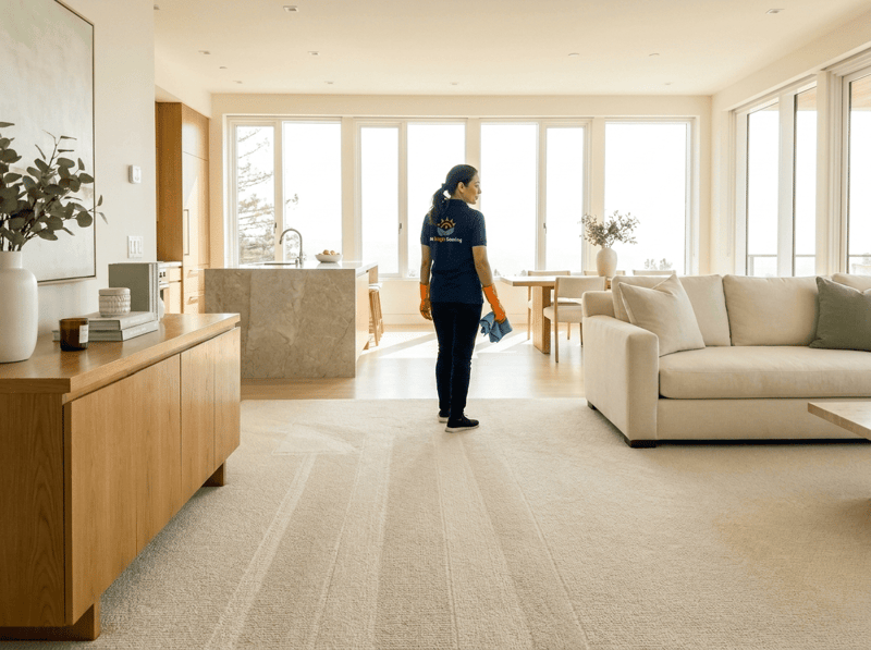 Technician finishing a move-out clean in an empty open-plan home