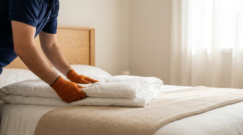 All Bright maid service professional making a bed with fresh linens